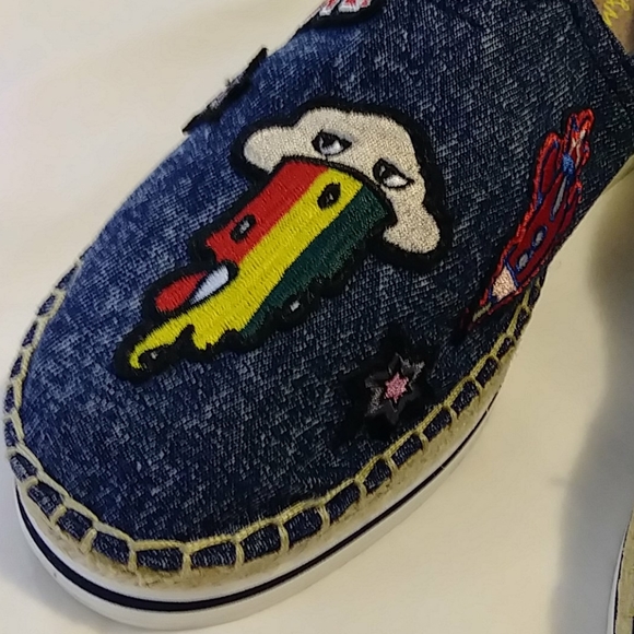 Denim Slip On Espadrille "LOVE" "GET ME A PIZZA" - Picture 9 of 11